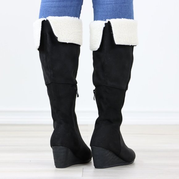 Sherpa Fold Over Black Below The Knee Wedge Heeled Boots Faux Suede - Picture 7 of 12